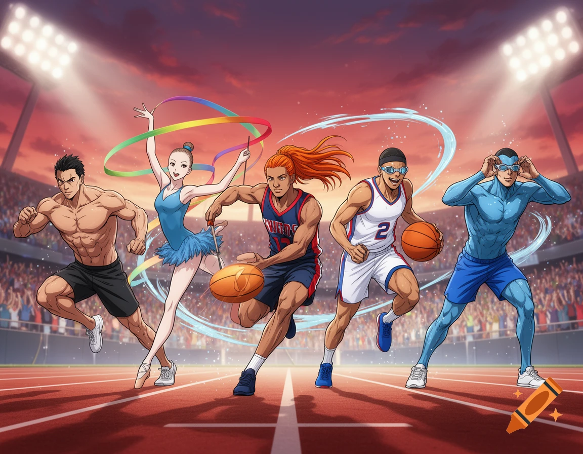 Anime athletes, including a runner, ballerina, two basketball players, and a swimmer, on a stadium track.