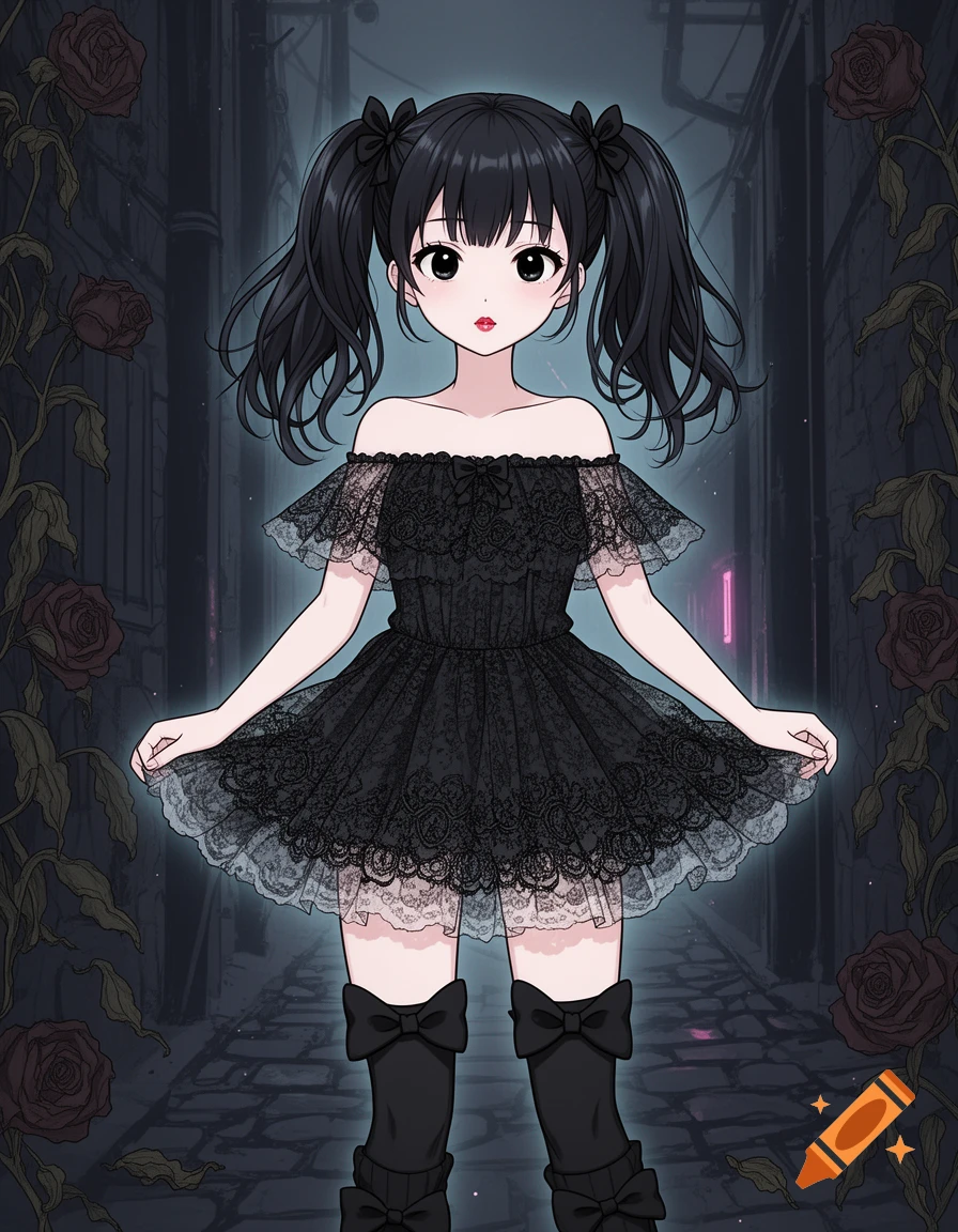 An anime girl with black pigtails wears an off-shoulder lace gothic dress and bow leg warmers in a dark alley with red roses.