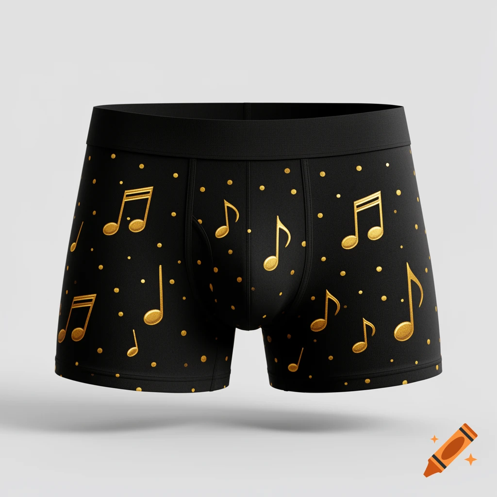 Black boxer briefs adorned with gold music notes and polka dots, presented in a photorealistic product shot.