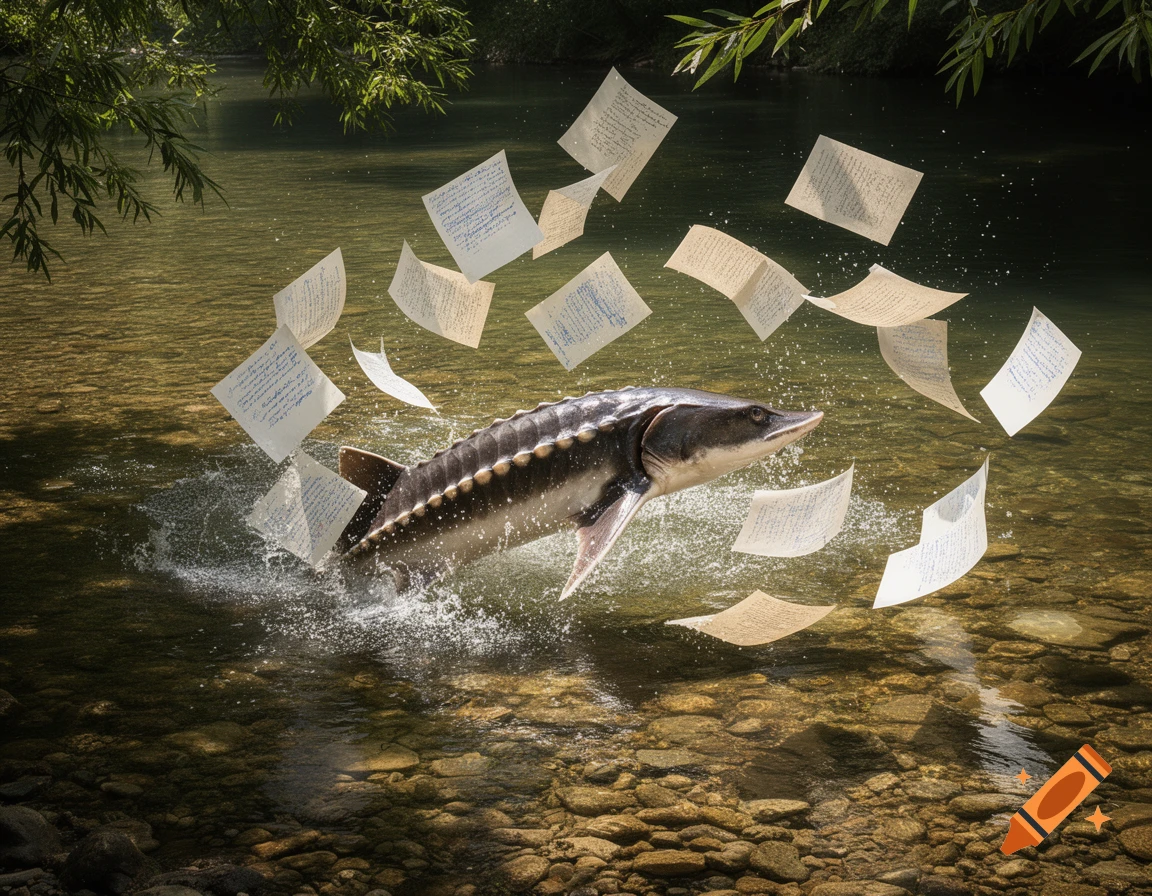 A large sturgeon leaps from a clear river, surrounded by numerous floating sheets of paper with illegible handwritten script.