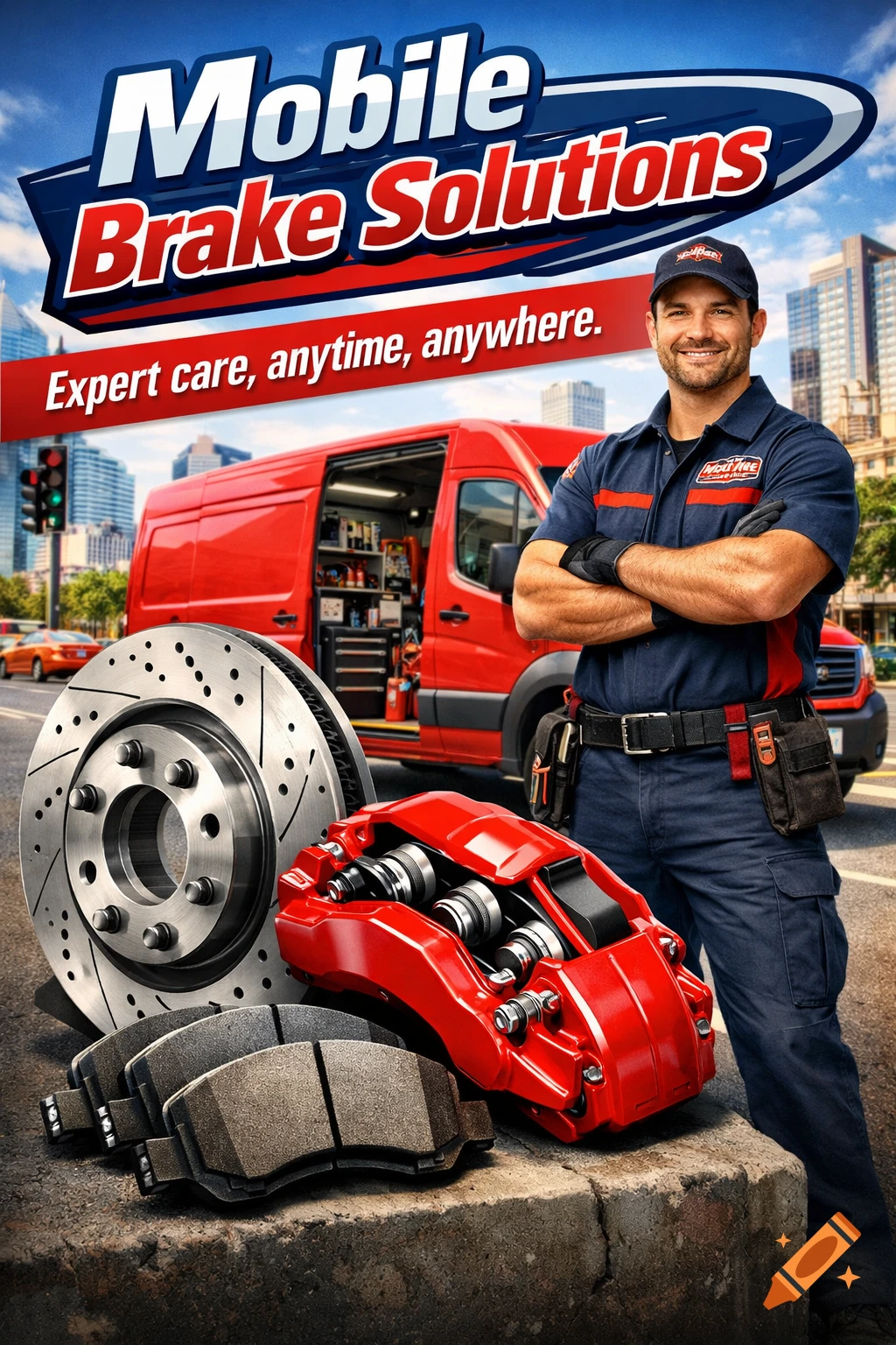 Advertisement for Mobile Brake Solutions with a smiling mechanic, red service van, and brake parts in a city setting.