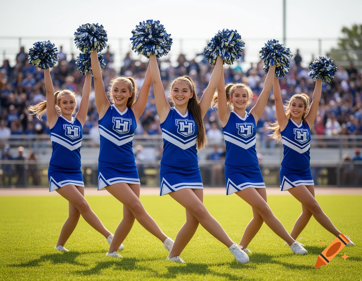 Five smiling teenage cheerleaders in blue and white uniforms perform on a sunny green sports field with a crowd in the background.