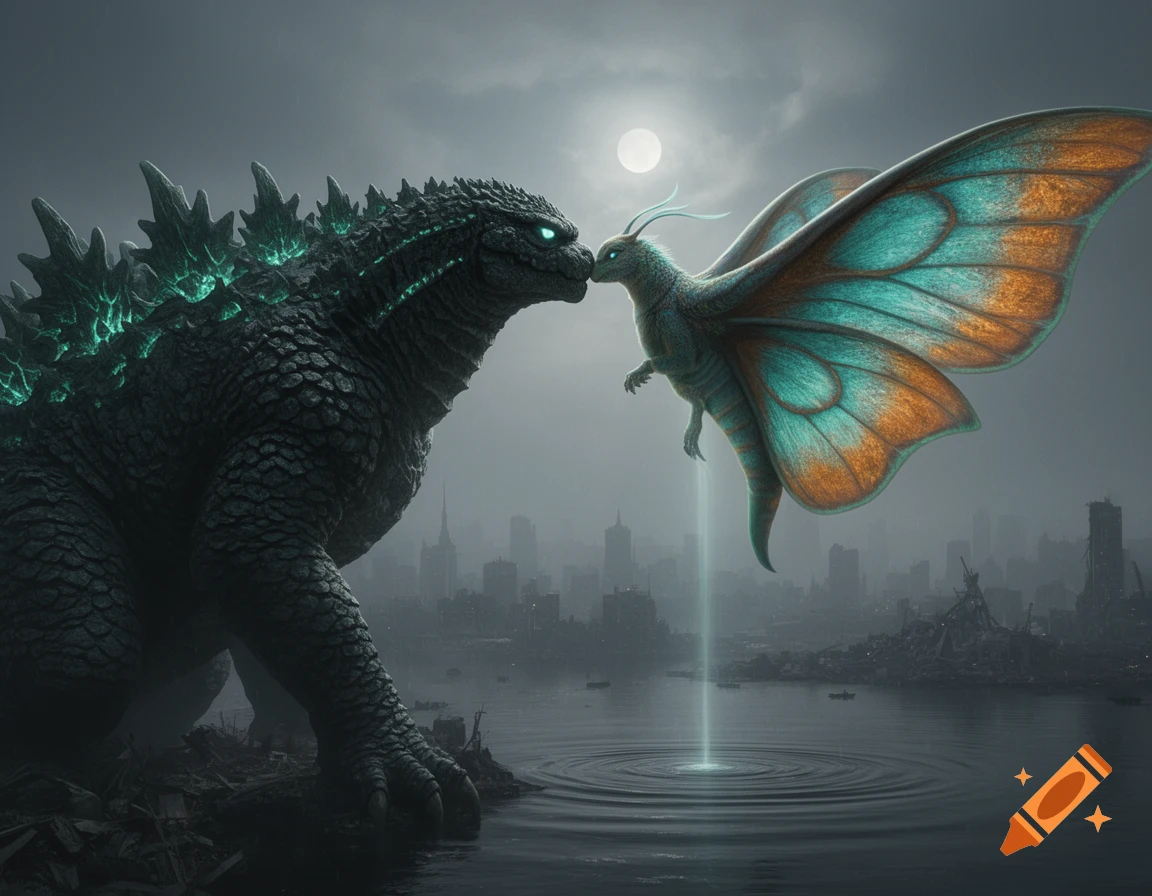 Giant Godzilla with glowing green spines touches noses with a vibrant teal and orange Mothra over a misty, ruined city at night, under a full moon.