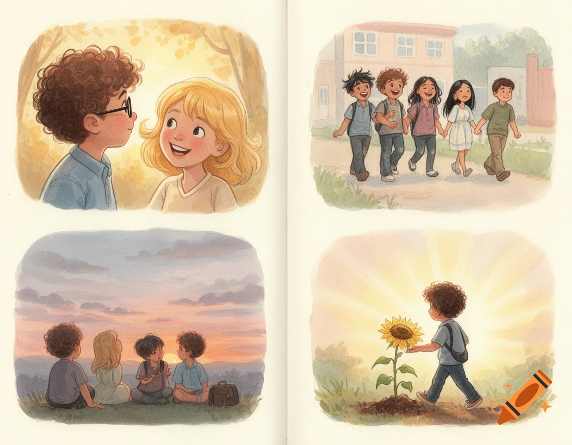 Four children's book illustrations: two children smiling, five children walking, four children sitting at sunset, and a boy with a sunflower.