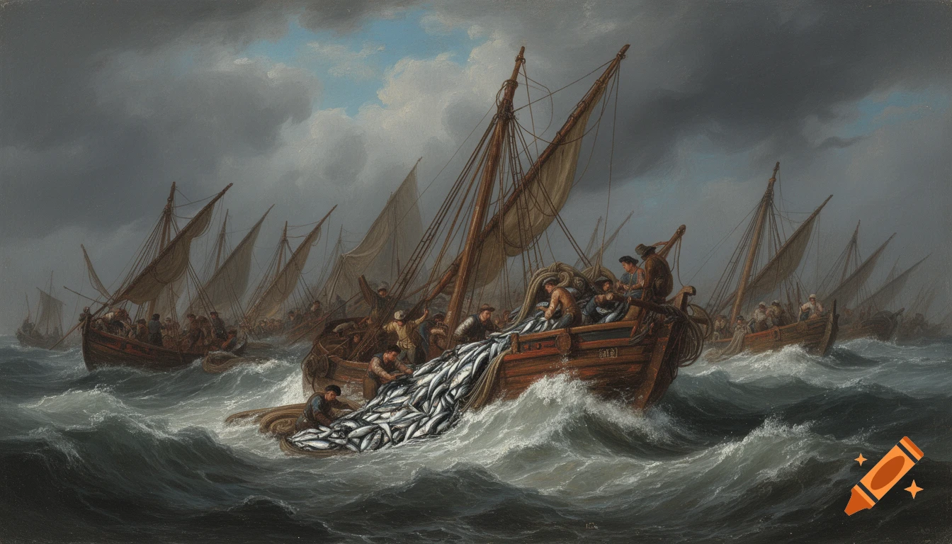 An oil painting of a fleet of 17th-century fishing boats on a choppy, stormy ocean, with crew hauling nets full of shimmering fish.