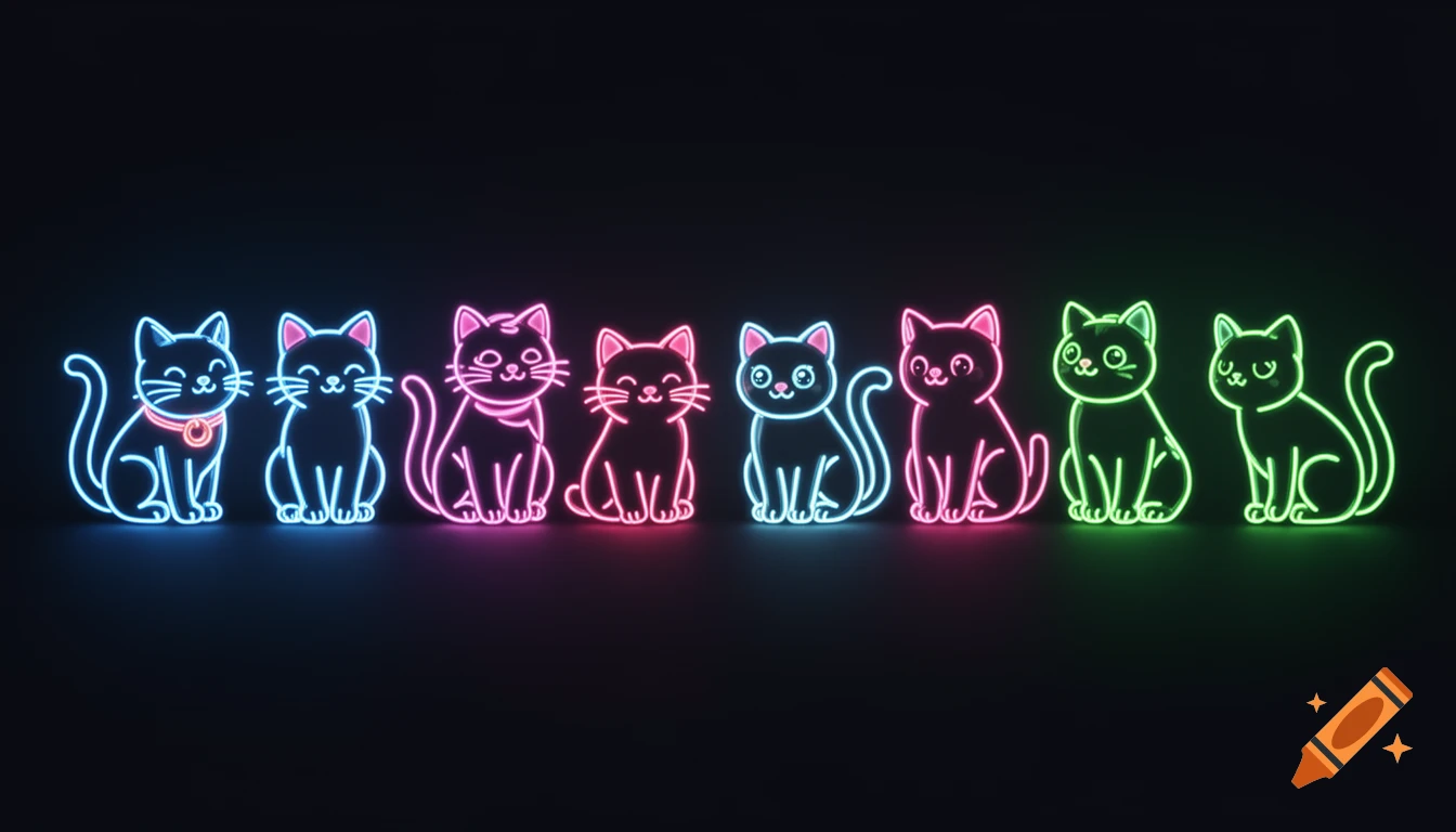 Eight glowing neon cartoon cats in blue, pink, and green are lined up against a dark background.