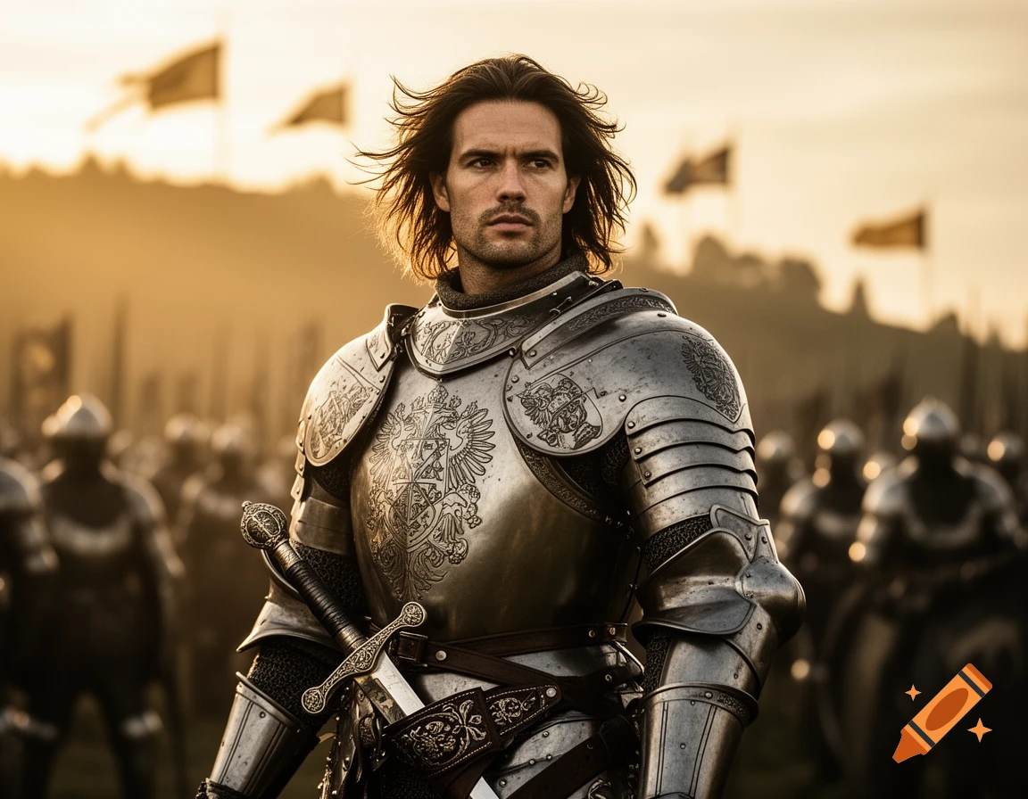 A knight in shining armor with long hair stands on a battlefield at sunset, with other soldiers blurred in the background.