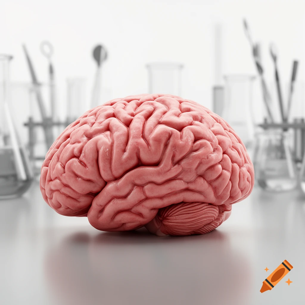 A pink human brain on a reflective surface in a blurred laboratory with beakers and equipment in the background, photorealistic.