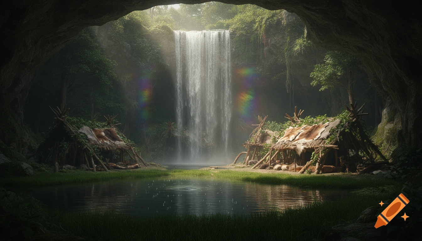 Photorealistic cave opening scene with a waterfall, serene lake, and primitive huts made of wood and fur, bathed in mystical light.