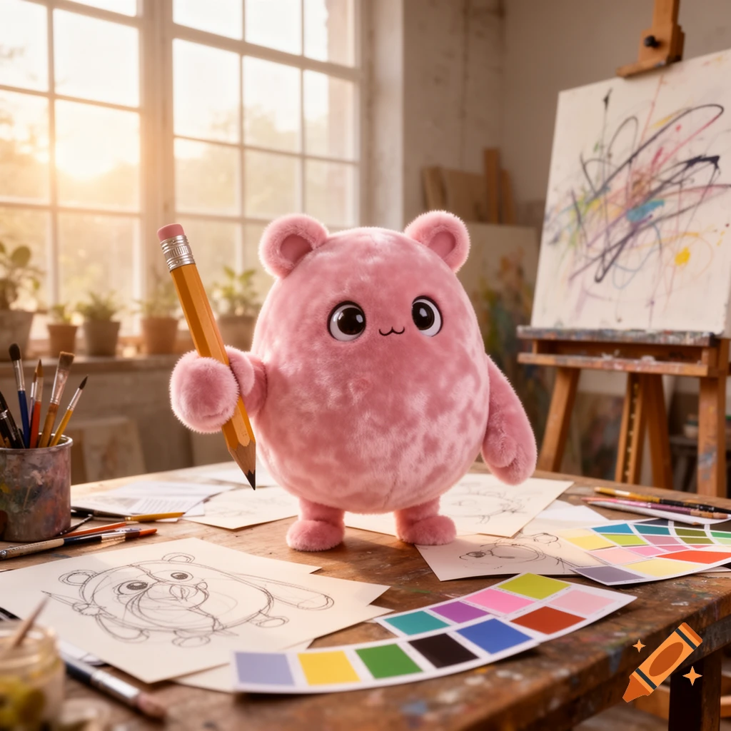 A cute, fluffy pink character with small ears and big eyes holds a giant pencil in a sunlit art studio with sketches.