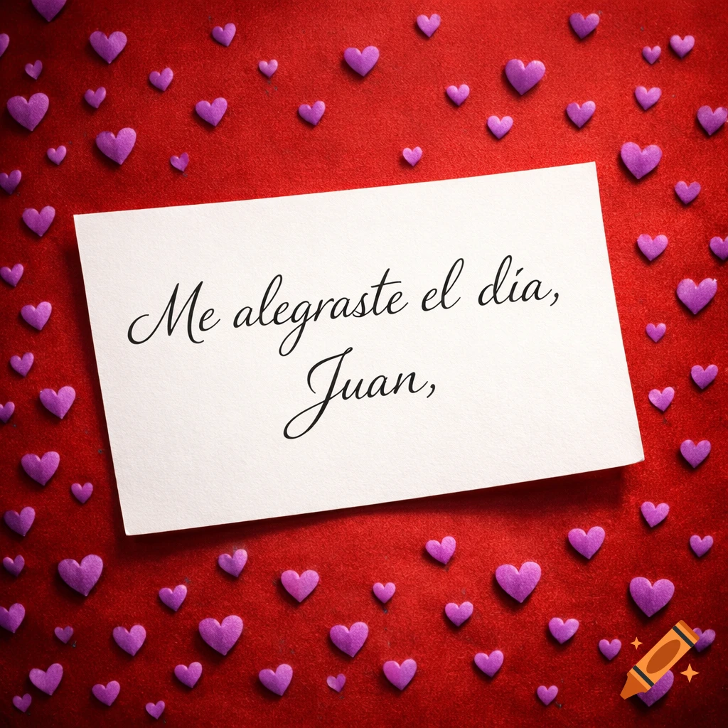 A white note with "Me alegraste el dia, Juan," in script on a red background covered in small purple hearts.