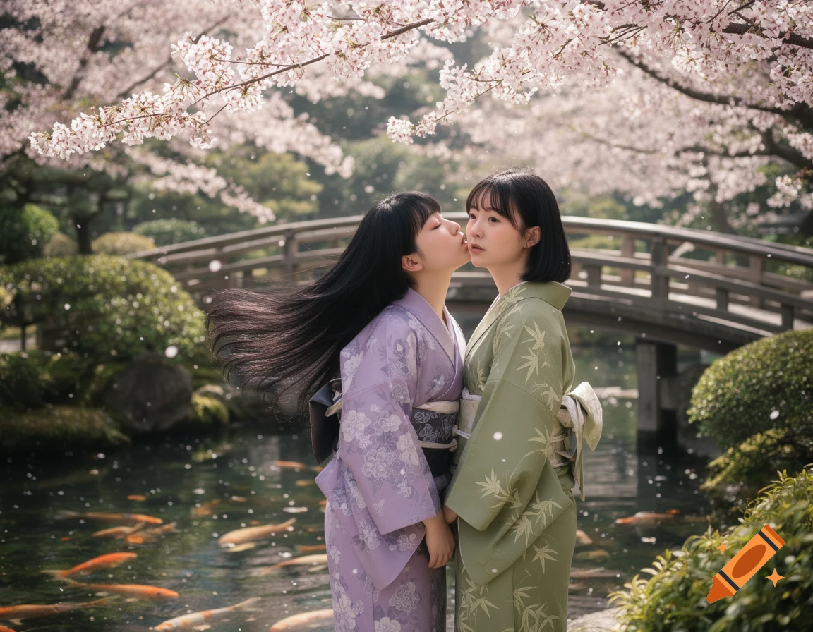 Two women in kimonos in a Japanese garden. One woman gently kisses the other's cheek under pink cherry blossoms, with a pond and bridge in the background.