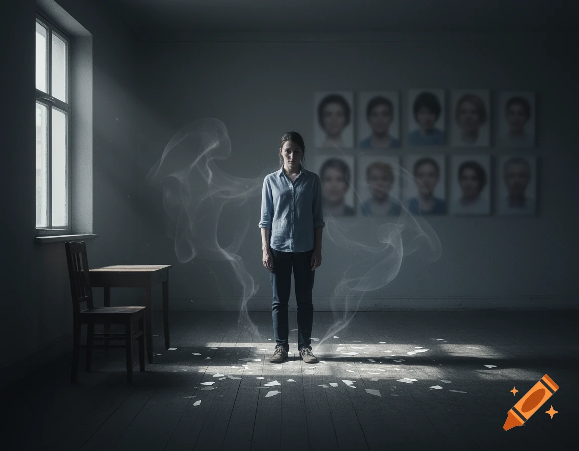 A lone woman stands in a dimly lit, dark room with ghostly smoke, blurry portraits on the wall, and papers scattered on the floor.