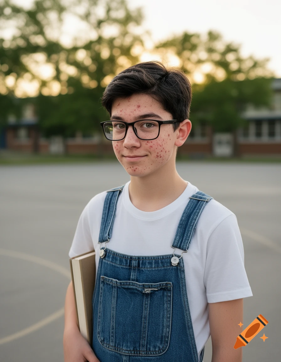A close-up portrait of a dark-haired teenage boy in denim overalls and glasses, with pimples on his face, holding a book, outside a school.