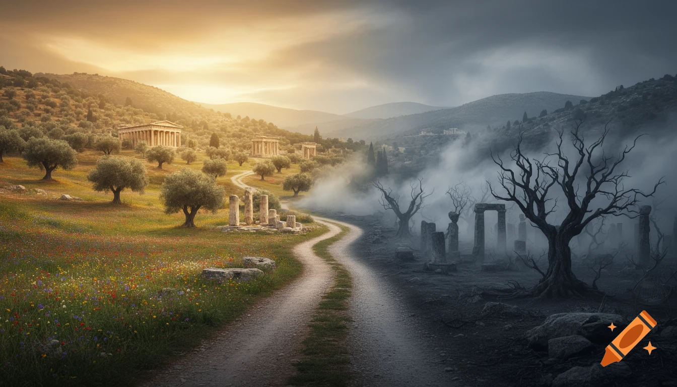 A path divides a vibrant ancient Greek landscape with temples and olive trees from a dark, stormy wasteland with dead trees and ruins.