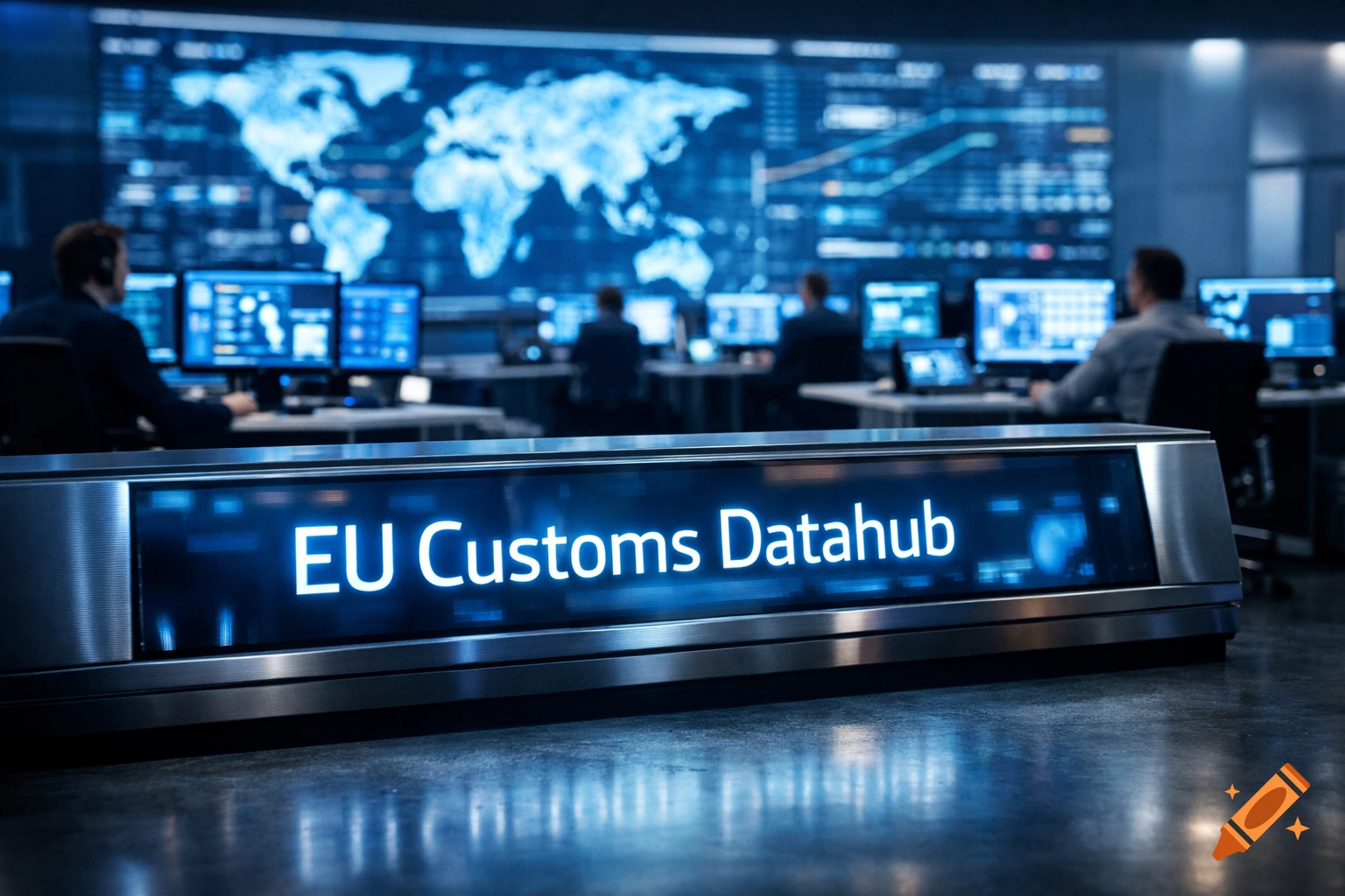 A modern control room with operators, a large world map display, and a sign reading 'EU Customs Datahub' in the foreground.