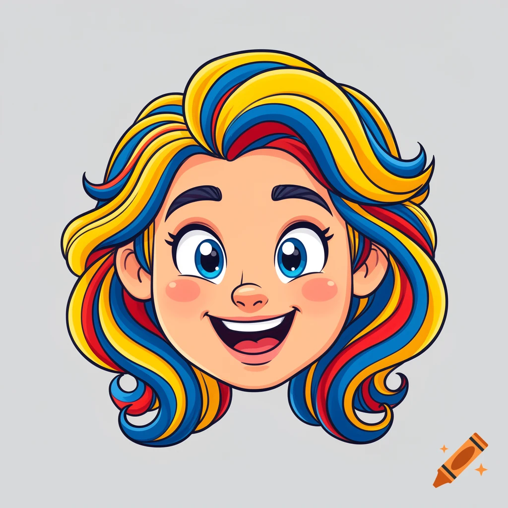 A smiling cartoon face with big blue eyes and wavy hair in yellow, blue, and red stripes.