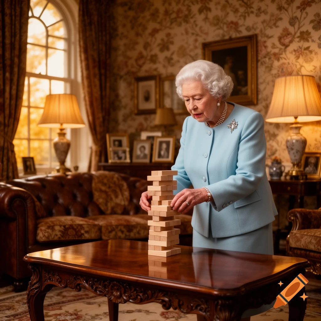 Photorealistic image of Queen Elizabeth in a stately room, intently playing Jenga with a tower of wooden blocks.