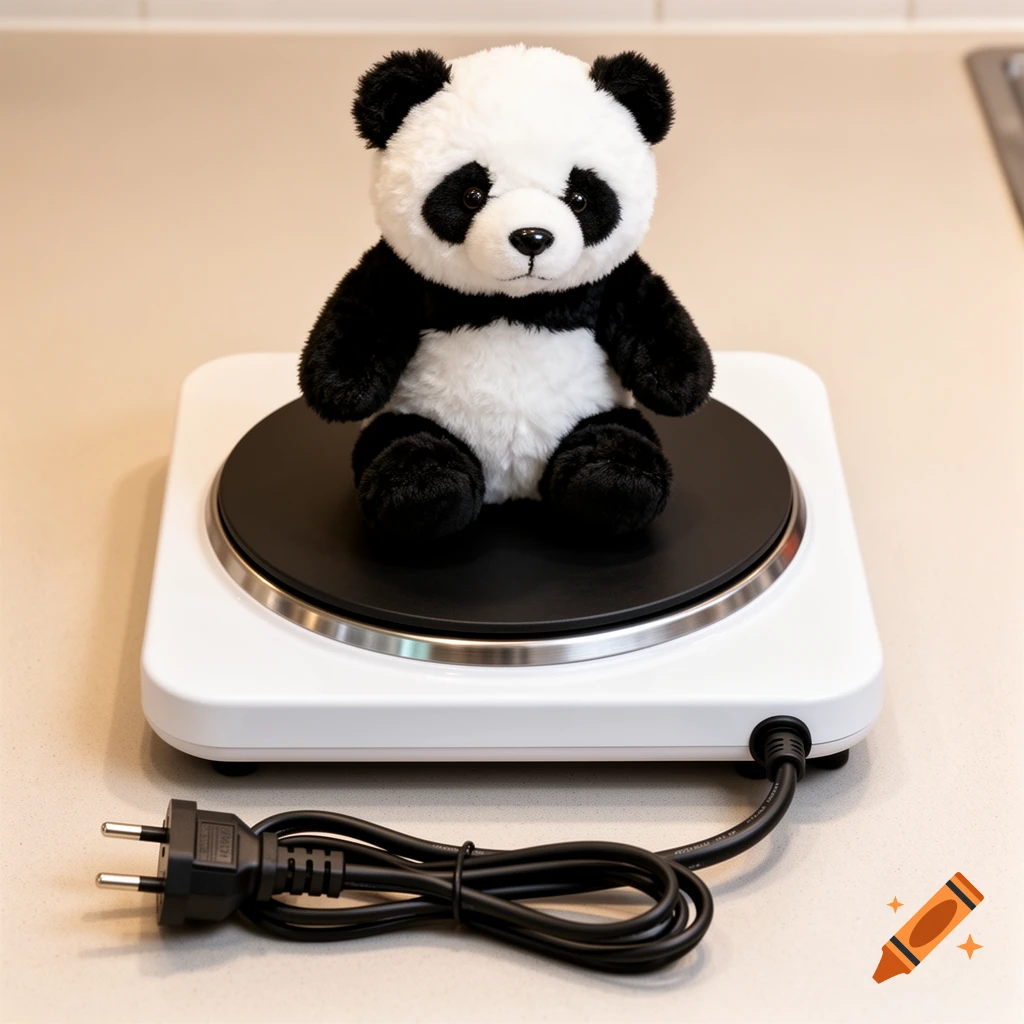 A black and white plush panda sits on a white portable electric hot plate with a black cooking surface and a coiled black Schuko plug.