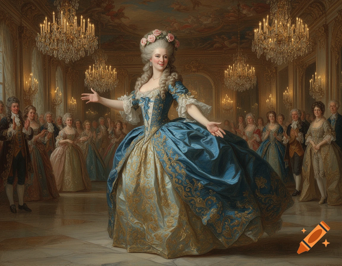 Oil painting of Marie Antoinette in a blue gown with gold patterns, posing in an opulent rococo ballroom.