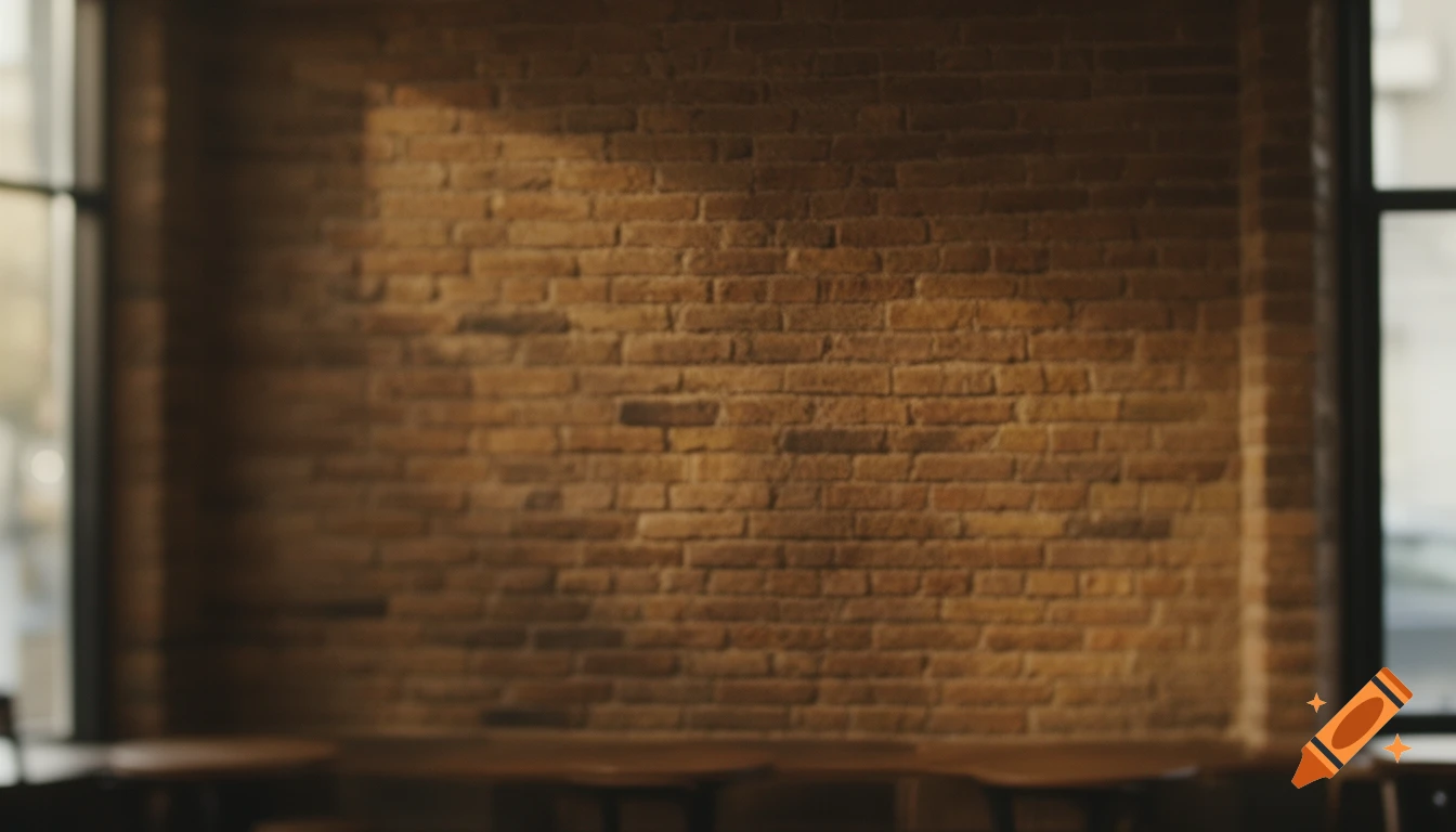 Blurred, warm-toned brick wall with soft lighting and window outlines, creating a cozy interior background.