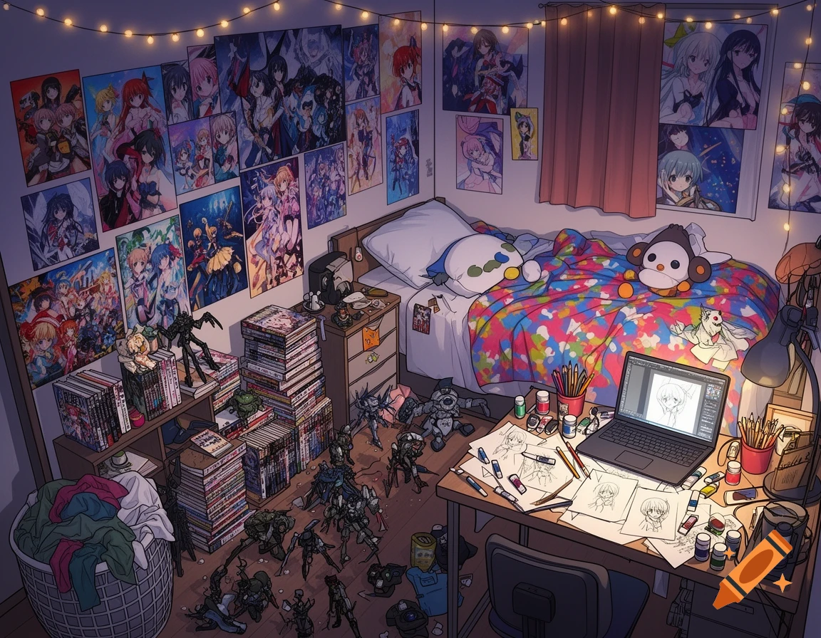 An anime-style messy bedroom filled with posters, manga books, plush toys, and art supplies on a desk with a laptop.