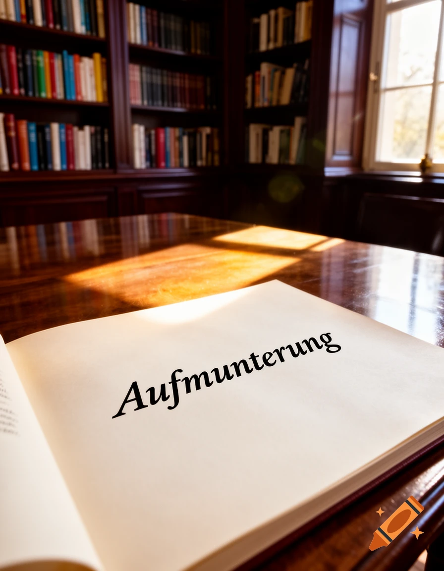 An open book titled "Aufmunterung" on a wooden desk in a sunlit library with blurred bookshelves in the background.