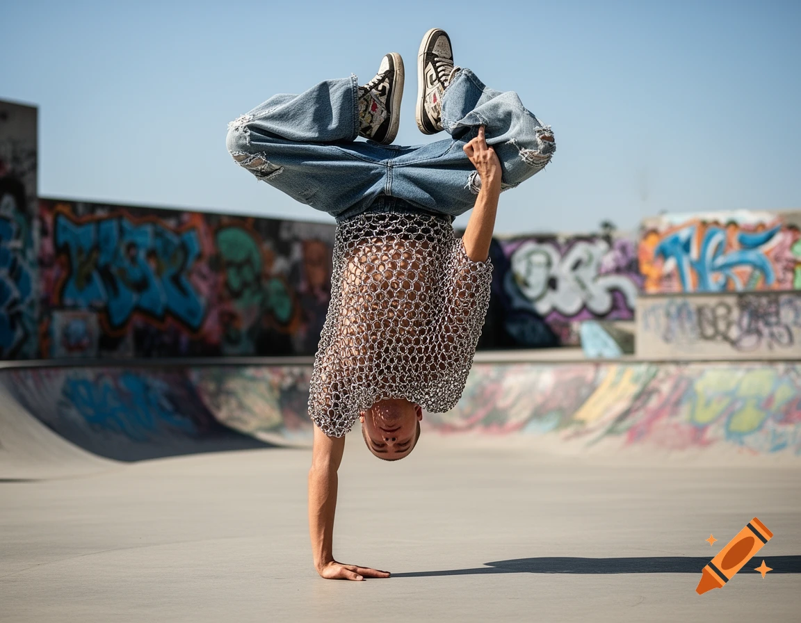 A guy in baggy jeans and a chainmail shirt does a one-handed handstand at a sunny skate park with graffiti-covered walls.