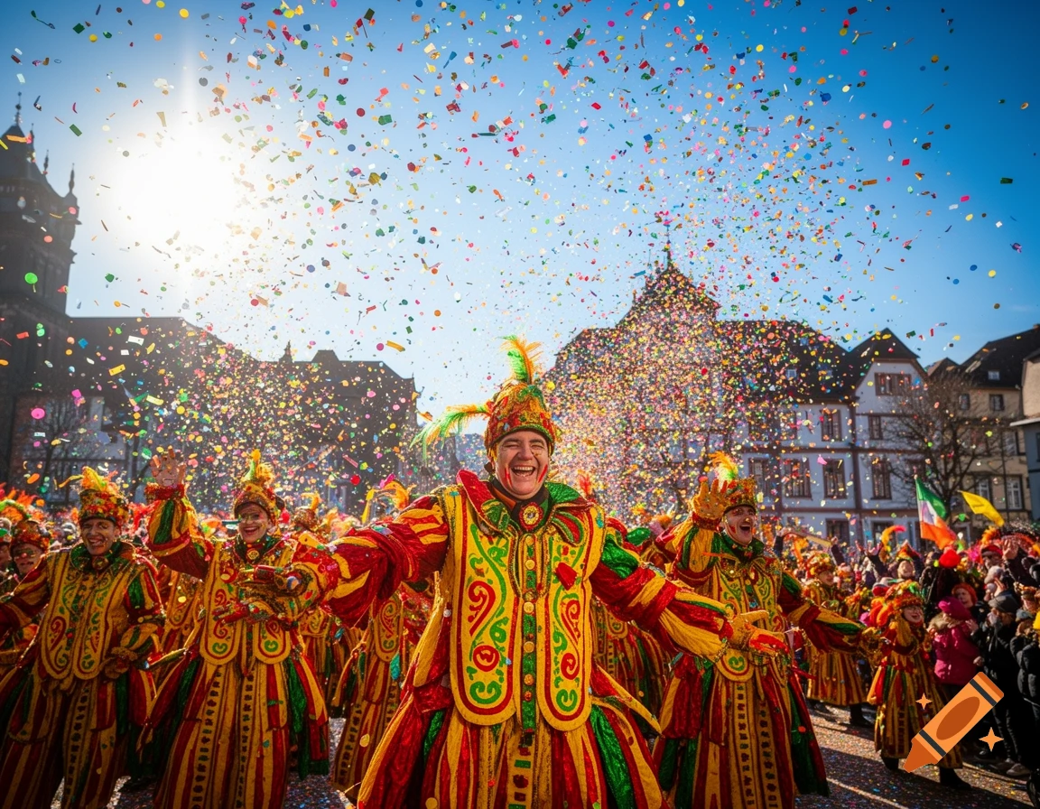 People in colorful costumes joyfully celebrate a carnival parade, with confetti raining down under a sunny sky.