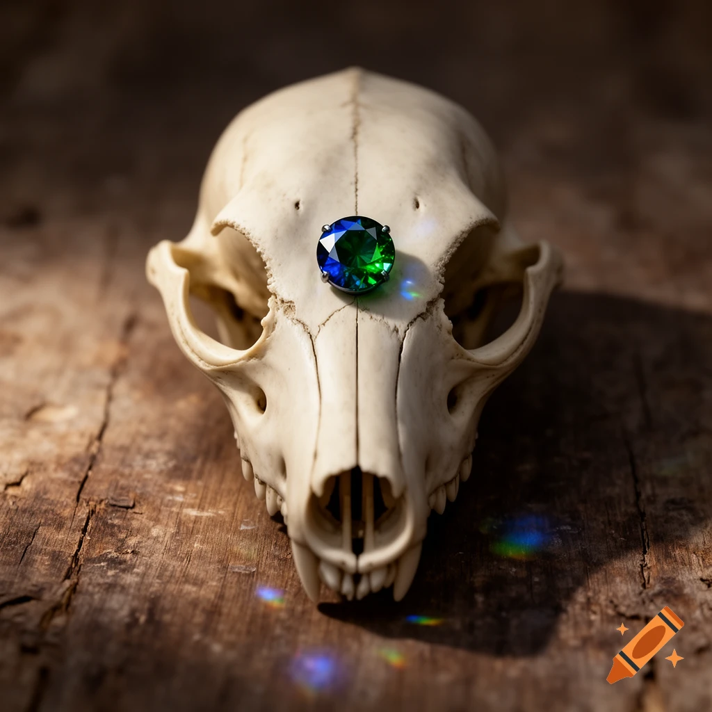 Wolf skull with a vibrant green and blue gem embedded in its forehead, resting on a rustic wooden surface with rainbow light refractions.