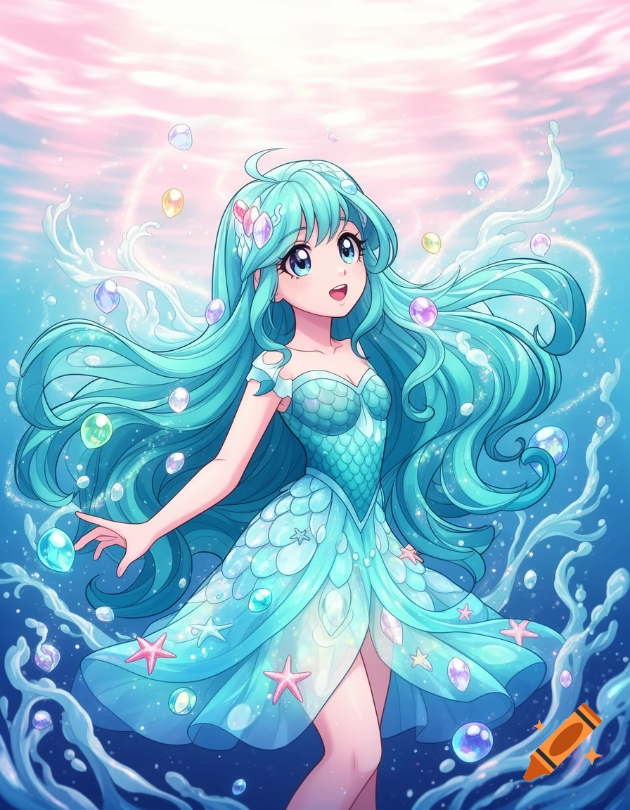 An anime girl with long blue hair and a turquoise mermaid-style dress, surrounded by bubbles and water splashes under the sea.