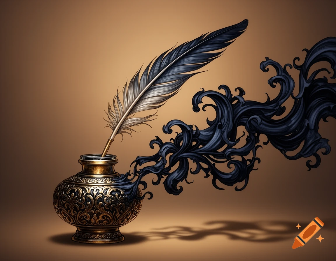 An ornate gold and black inkwell with a quill pen, from which dark, stylized ink swirls outwards.