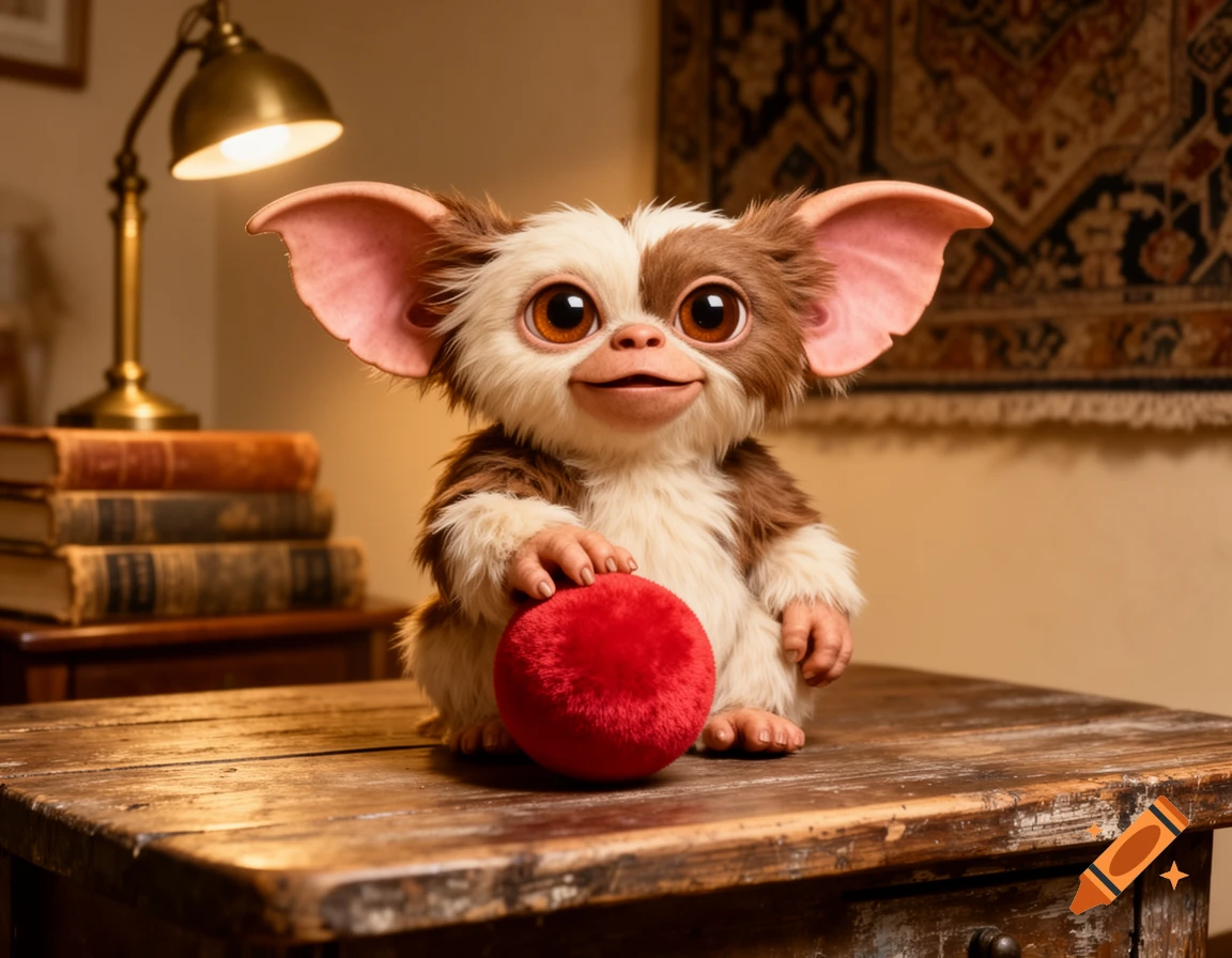 A cute, furry Gizmo gremlin with big ears and brown eyes sits on a wooden table, holding a red fuzzy ball, illuminated by a desk lamp.