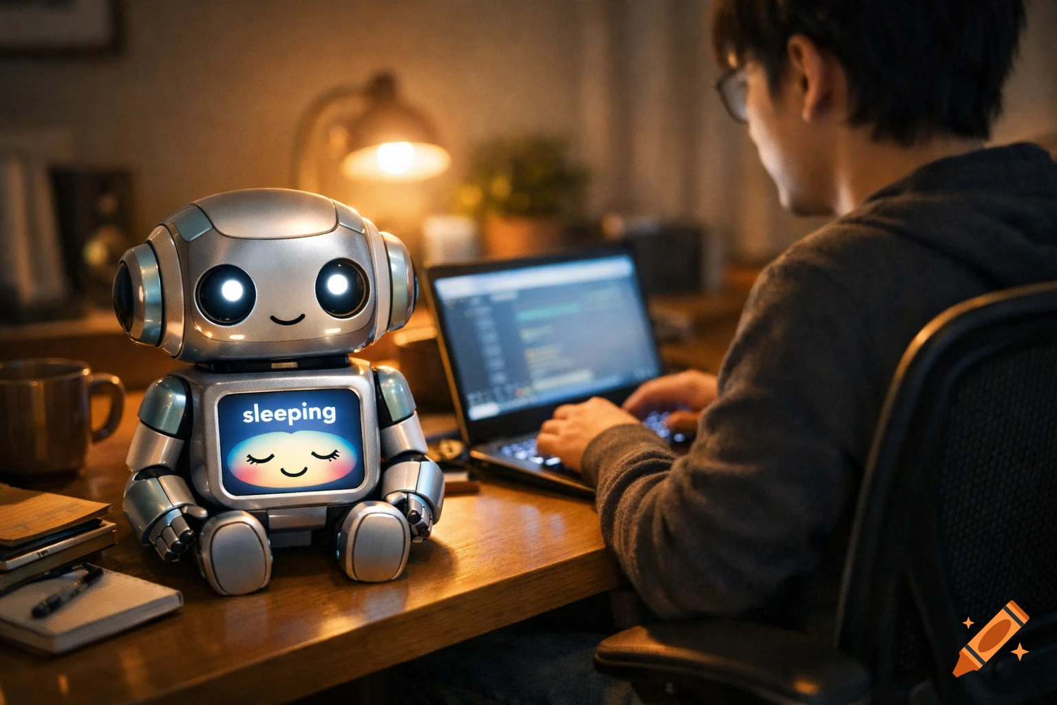 A cute robot with 'sleeping' on its screen sits on a desk next to a person working on a laptop in a dimly lit room.