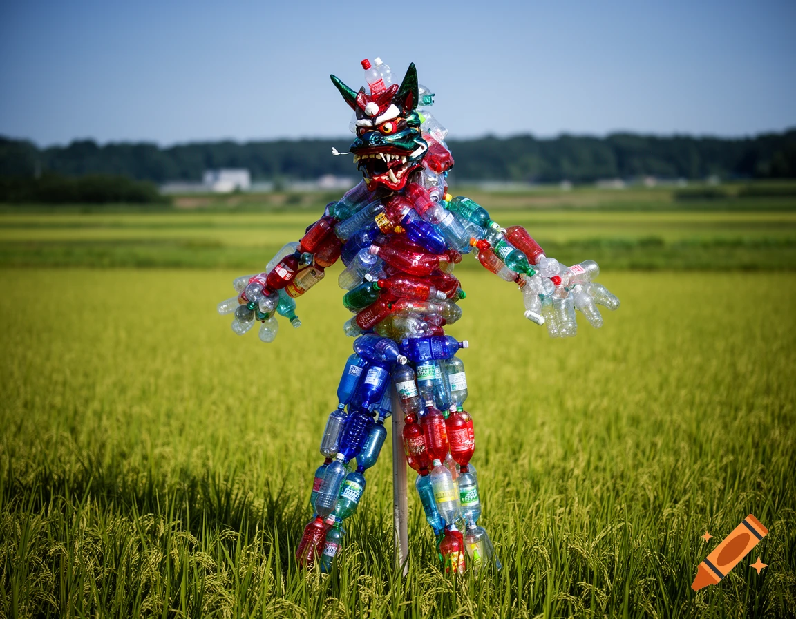 A colorful scarecrow made of various plastic bottles stands in a vibrant green rice field under a clear blue sky. It has a fierce, traditional Japanese demon mask for a head.