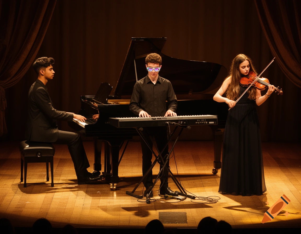 Three young musicians perform on stage: a man at a grand piano, another playing a keyboard, and a woman playing violin, all under warm spotlights.