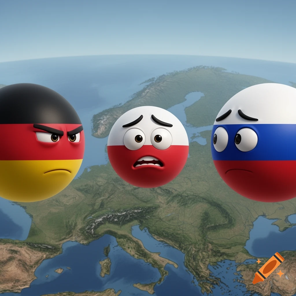Cartoon Germany, scared Poland, and sad Russia countryballs float above a map of Europe.