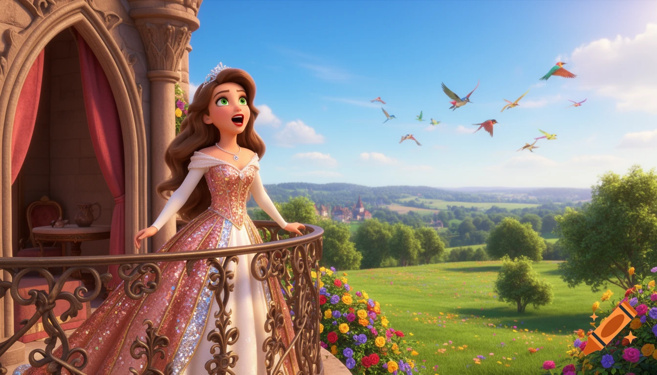 A 3D animated princess in a sparkly rose gold dress sings on a castle balcony, overlooking a lush green landscape with flying birds.