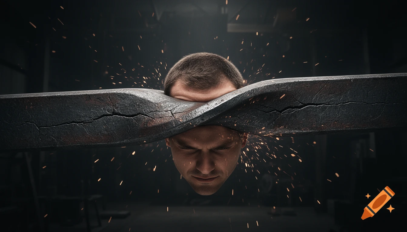 A man's head intensely presses against and bends a thick metal bar, with sparks flying in a dark, dramatic industrial setting.