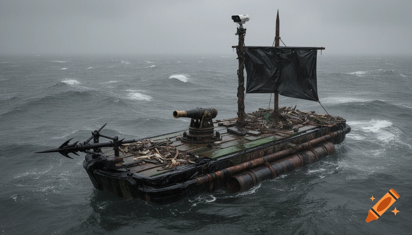 A dark, post-apocalyptic ship with a cannon and harpoon floats on a stormy, gray ocean, under a cloudy sky.