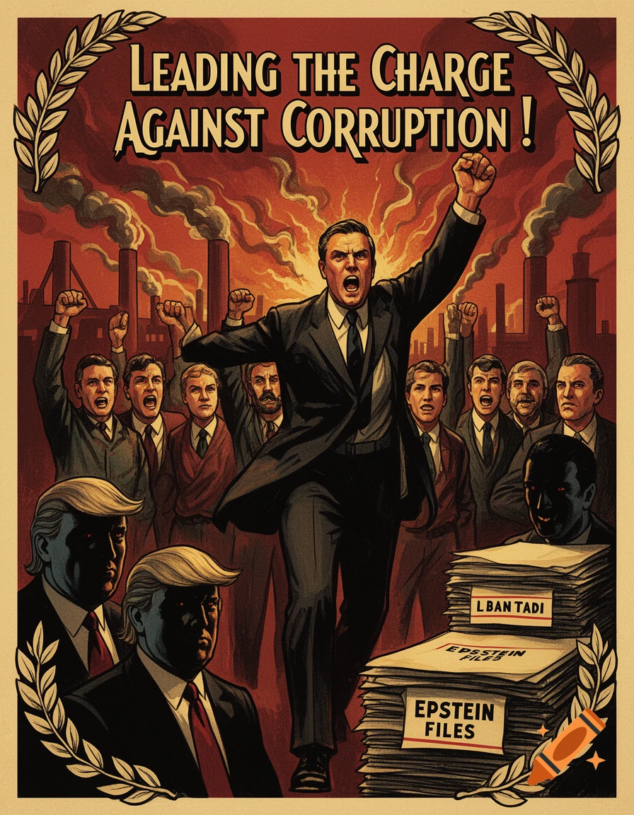 Propaganda poster in vintage style, showing a man in a suit leading a crowd with fists raised, against figures of Donald Trump and 'Epstein Files'.