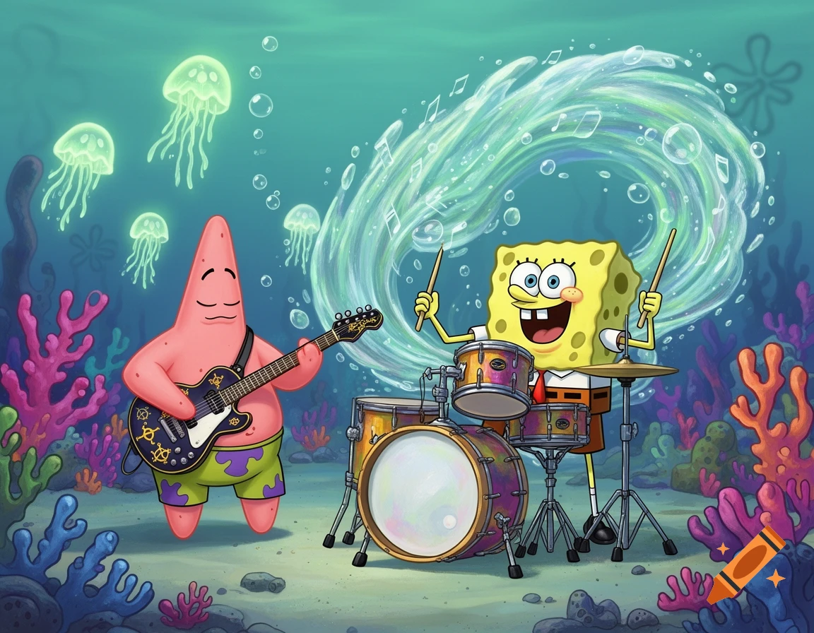 SpongeBob SquarePants plays drums with a happy expression, and Patrick Star plays guitar underwater with jellyfish.