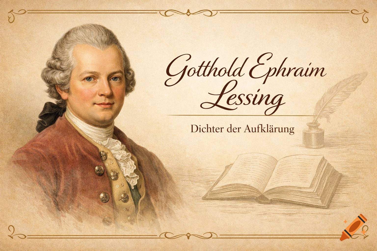 Vintage style illustration of Gotthold Ephraim Lessing on parchment, with his name, an open book, and a quill.