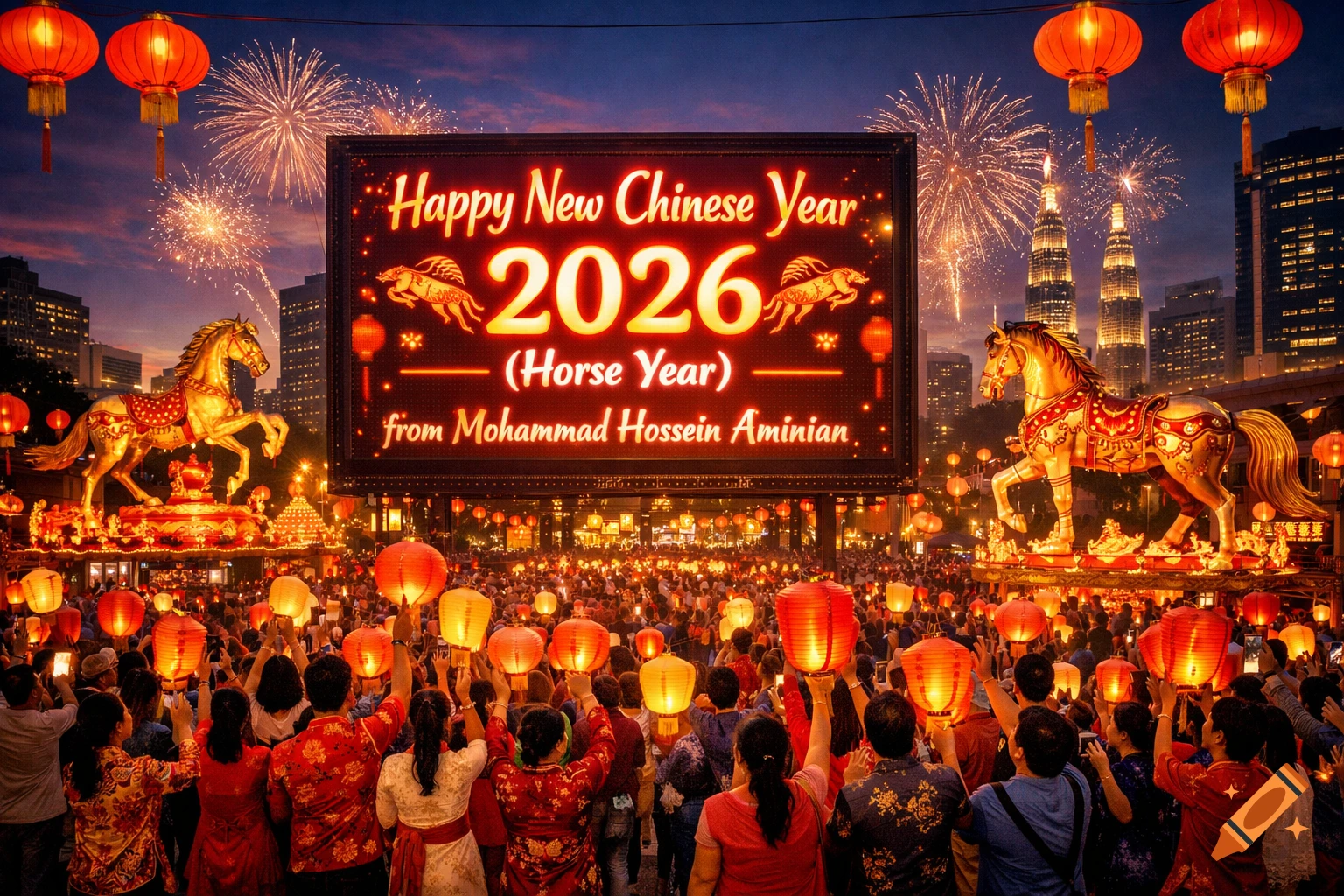 A large crowd celebrates Chinese New Year, holding glowing lanterns under fireworks, with a billboard wishing "Happy New Chinese Year 2026 (Horse Year)" flanked by golden horse statues.