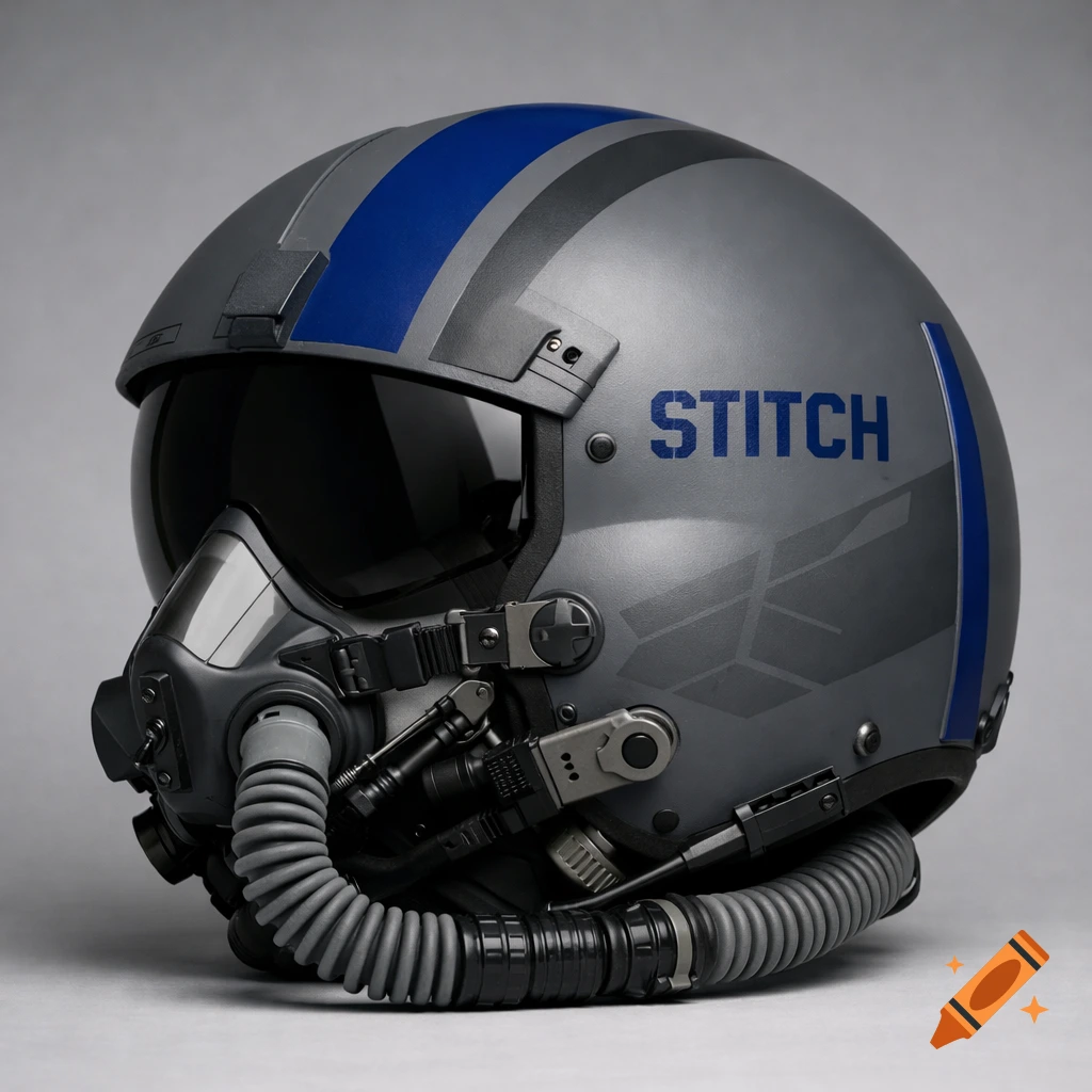 Highly realistic custom USAF fighter pilot helmet in matte gray with a blue stripe and 'STITCH' callsign.