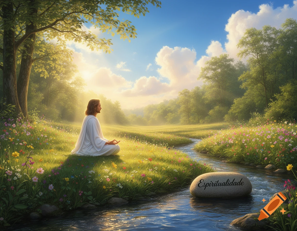 Man in white robes meditates in a sunlit meadow beside a river, with a rock inscribed 'Espiritualidade'.