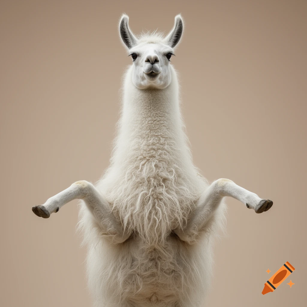 A photorealistic white llama stands on its two back legs with its front legs spread to the sides, against a neutral background.
