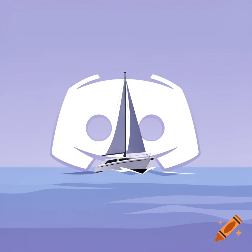 A white sailboat on blue water, in front of a large white Discord logo on a purple background. Flat illustration style.