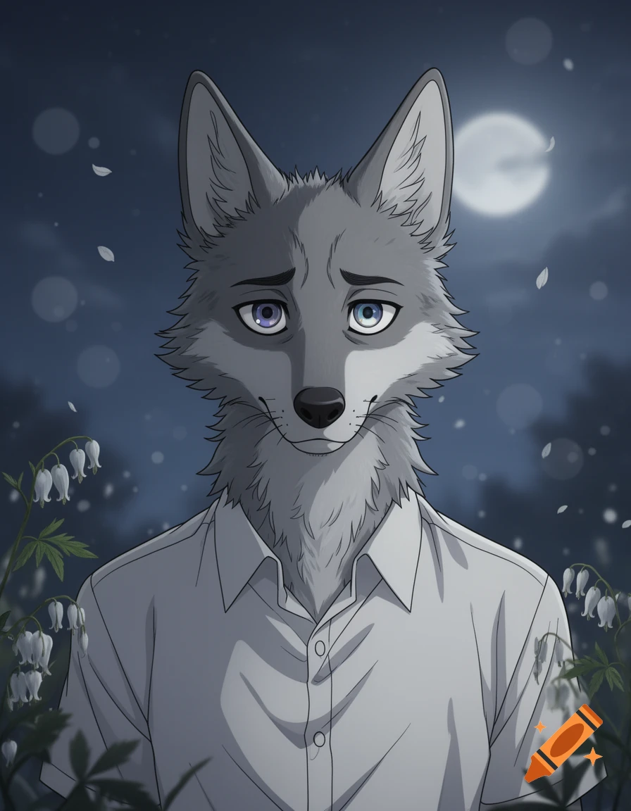 An anthropomorphic grey wolf character from Beastars, Legoshi, in a white shirt under a moonlit sky with flowers.