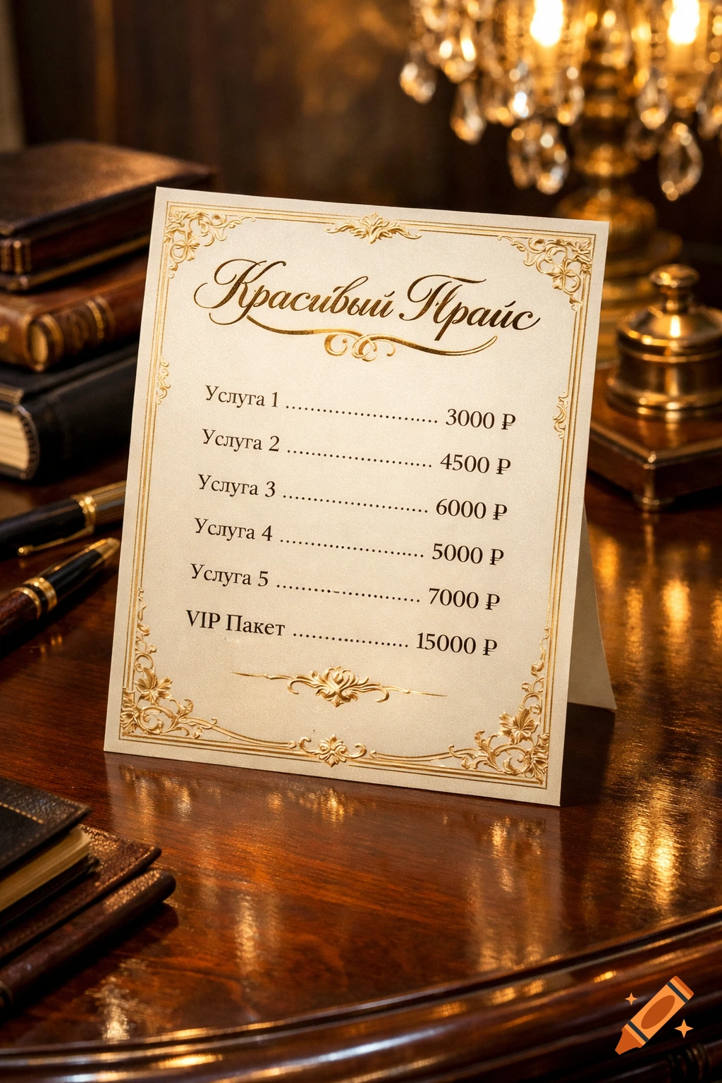 An ornate price list with Russian text "Красивый Прайс" and service items on a polished wooden table with books.